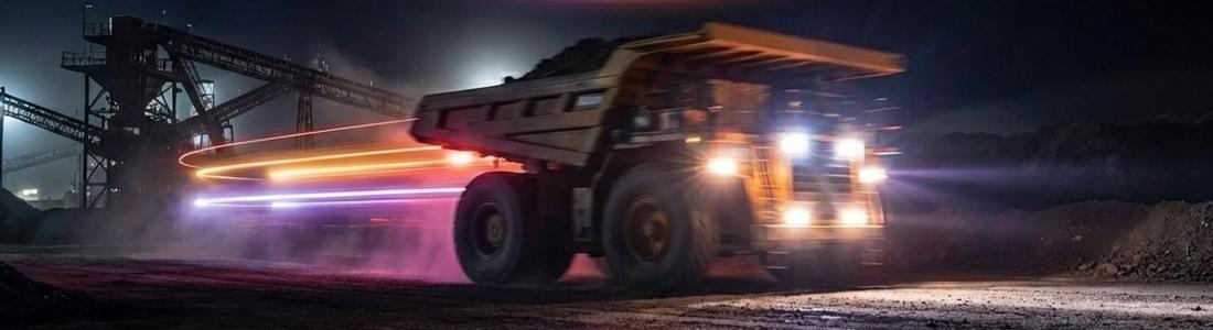 Camión minero en operación nocturna