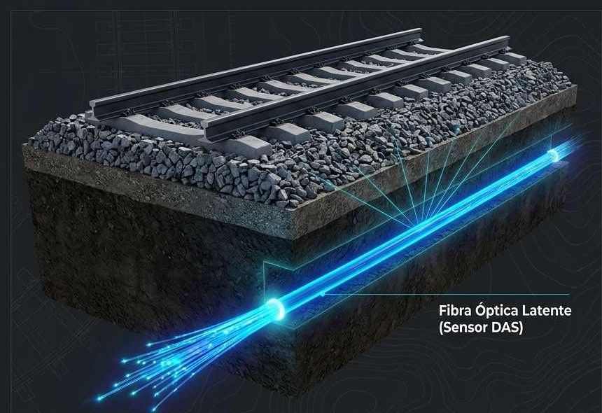 Vía férrea con fibra óptica funcionando como sensor